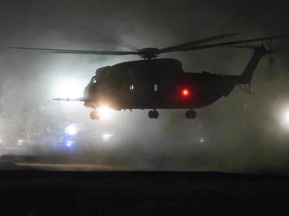 An Israeli military helicopter with Romi Gonen, Doron Steinbrecher and Emily Damari, inside on Jan. 19, 2025.