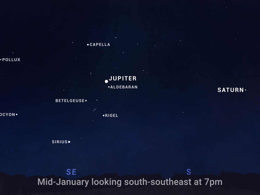 A sky chart shows the planetary lineup visible after dark in January 2025.
