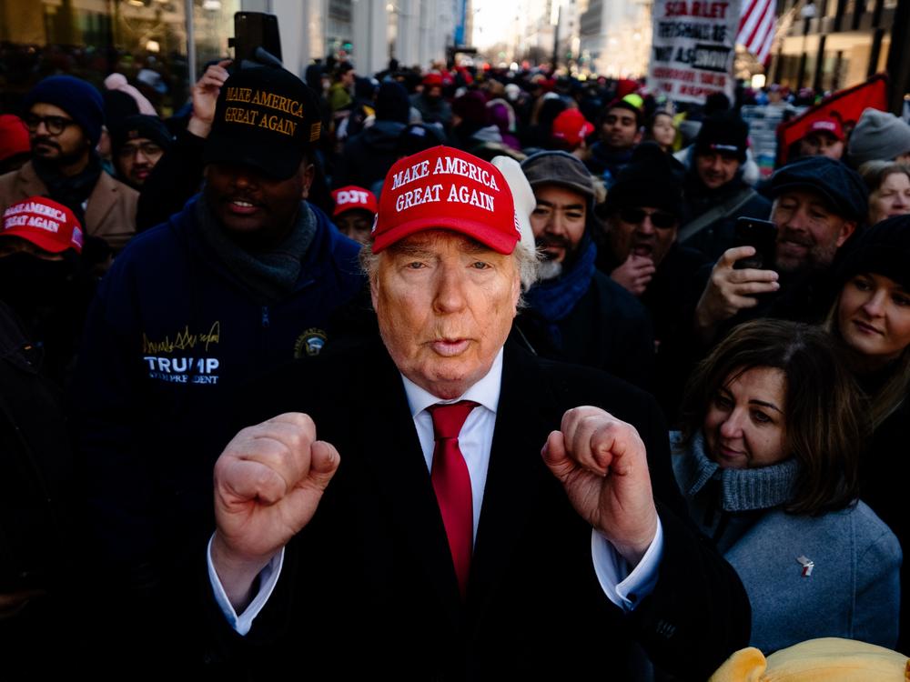 Dennis Alan, of Elgin, Ill., impersonates Donald Trump on the day of the president's second inauguration on Monday, Jan. 20, 2025, in Washington D.C.