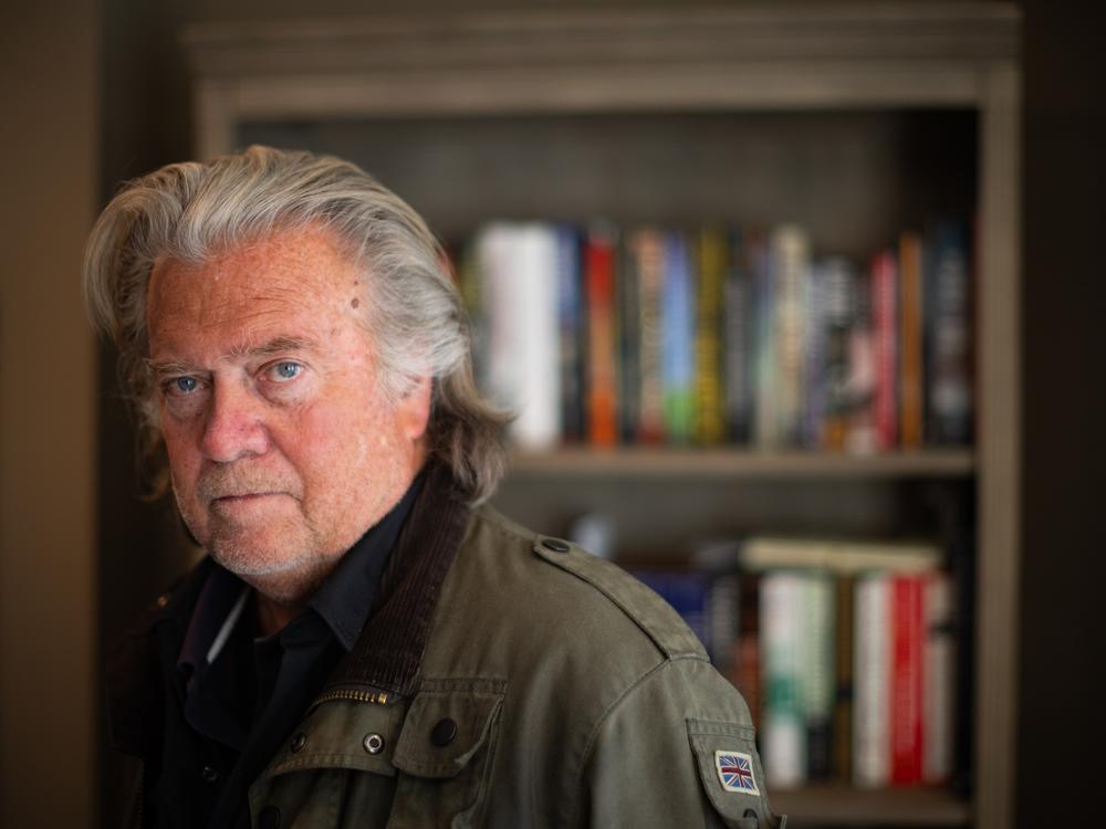 Steve Bannon, former White House Chief Strategist and host of the War Room podcast, poses for a portrait inside his basement podcast studio in Washington, DC on January 17, 2025. Books and art fill the space - with many pieces of art depicting Bannon and political allies.</p>
<p>Photo credit: Maansi Srivastava for NPR