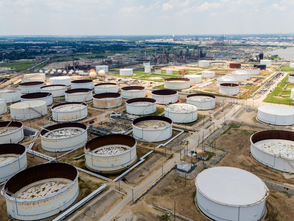 An aerial view of oil storage containers near the Chevron Pasadena Refinery in June 2024 in Pasadena, Texas.  The U.S. is now the world's largest oil producer. President Trump says he is declaring a 'national energy emergency' as one of his first acts in office.