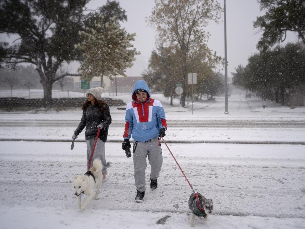 Houston, Texas: Jackie Hernandez, left, and Jakob Patino, right, walk their dogs near downtown as winter storm Enzo brings heavy bands of snow and sleet.