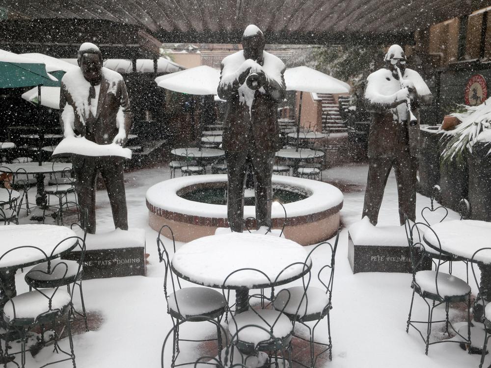 New Orleans, Louisiana: Statues are covered in snow inside New Orleans Musical Legends Park on Bourbon Street on Jan. 21.
