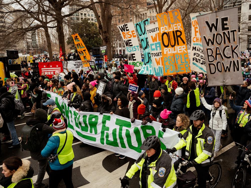 Thousands gather to protest Donald Trump's inauguration as the 47th president of the United States and other related issues during the People's March on Jan. 18, in Washington D.C.