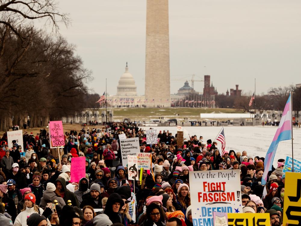 Thousands gather to protest Donald Trump's inauguration as the 47th president of the United States and other related issues during the People's March on Jan. 18, in Washington D.C.