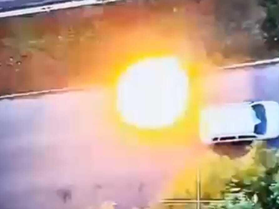 Danil Tatarinov says video distributed by Russian soldiers on the Telegram messaging app shows a drone attack on his civilian car, shown in this image. Tatarinov escaped without injury but his car was damaged by shrapnel. The message included with the Russian video: 