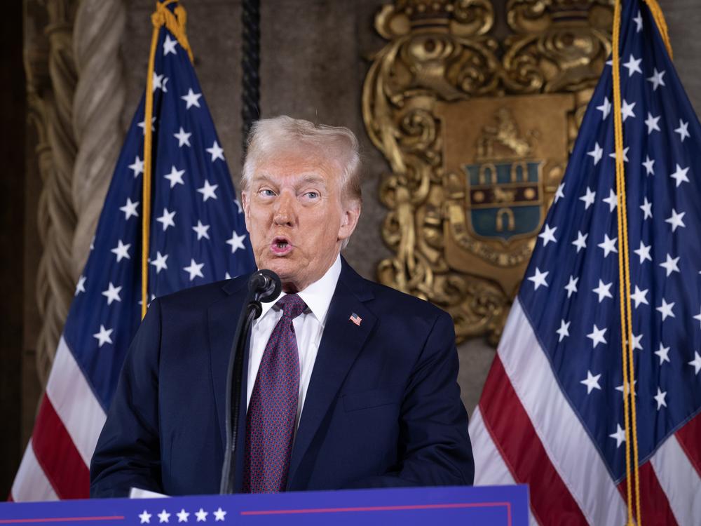 President-elect Donald Trump speaks turing a press conference on Jan. 7, 2025, in Palm Beach, Fla.
