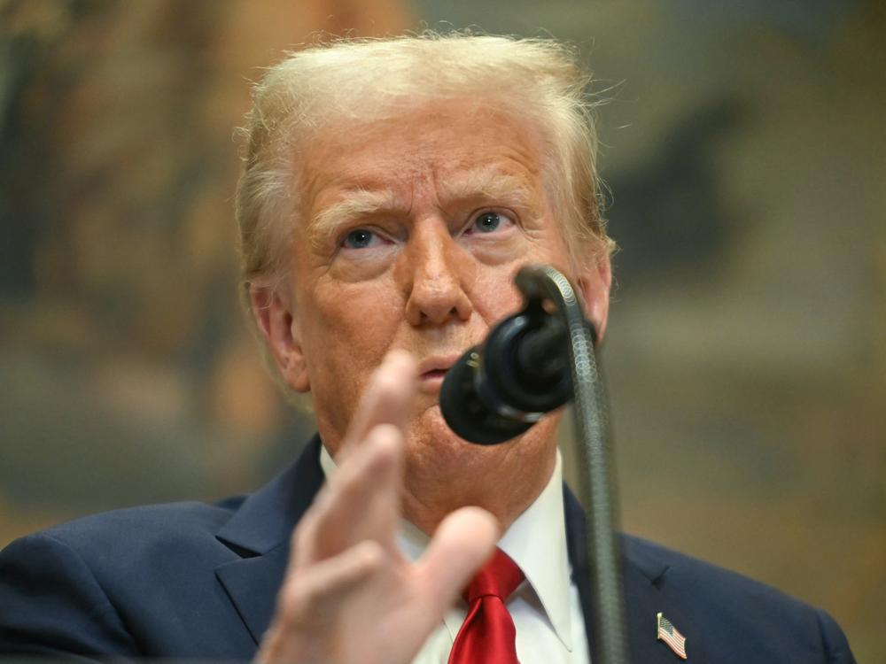 President Trump speaks in the Roosevelt Room at the White House on Tuesday.