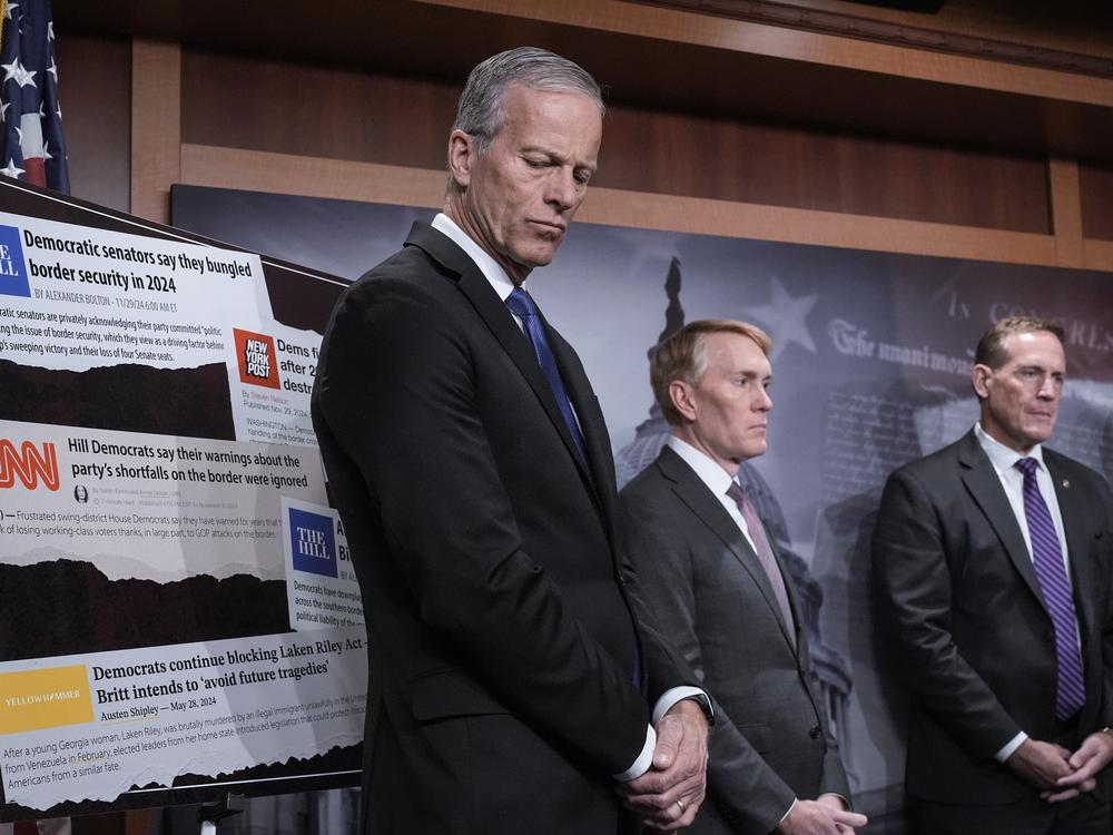 From left, Senate Majority Leader John Thune, R-S.D., Sen. James Lankford, R-Okla., and Sen. Ted Budd, R-N.C., talk to reporters about the Laken Riley Act, a bill to detain unauthorized immigrants who have been accused of certain crimes, at the Capitol in Washington, D.C., on Jan. 9.