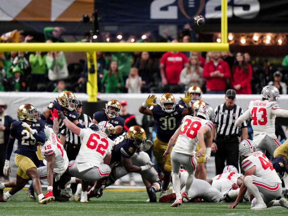 Ohio State place kicker Jayden Fielding kicks a field goal against Notre Dame during second half of the College Football Playoff national championship game on Monday in Atlanta.