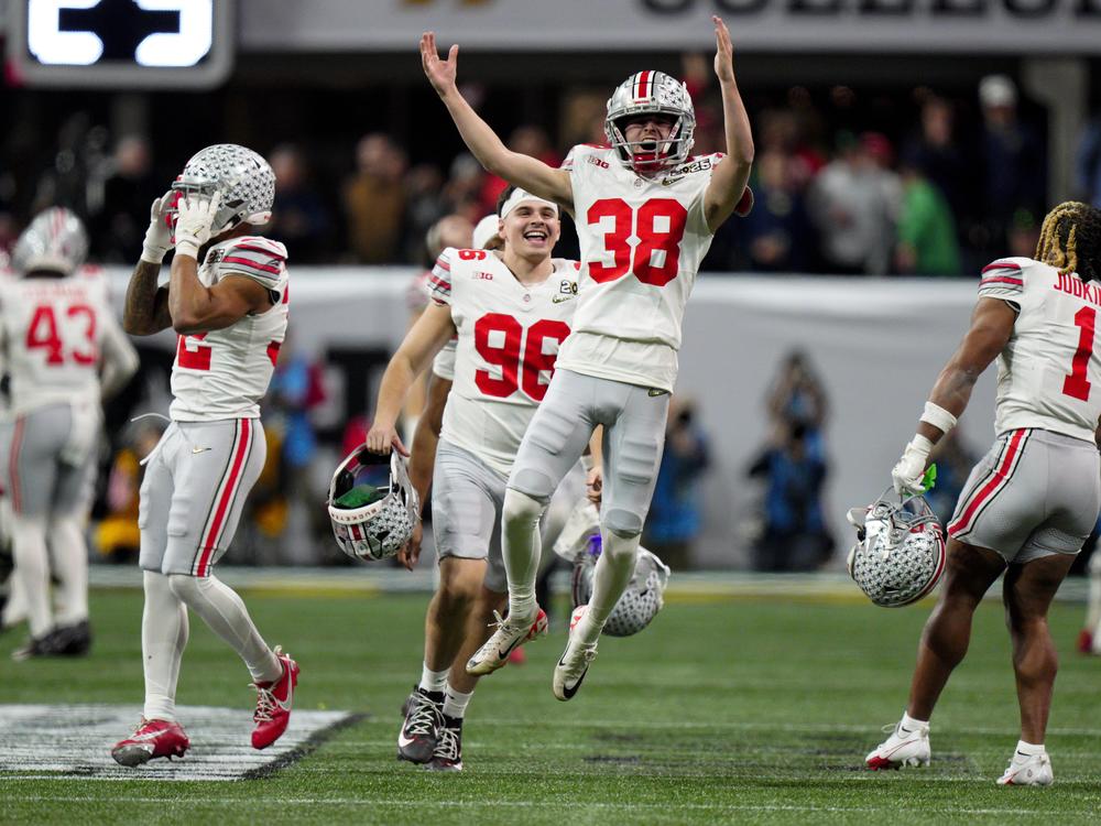 Ohio State kicker Jayden Fielding celebrates his field goal against Notre Dame in the college football championship on Monday.