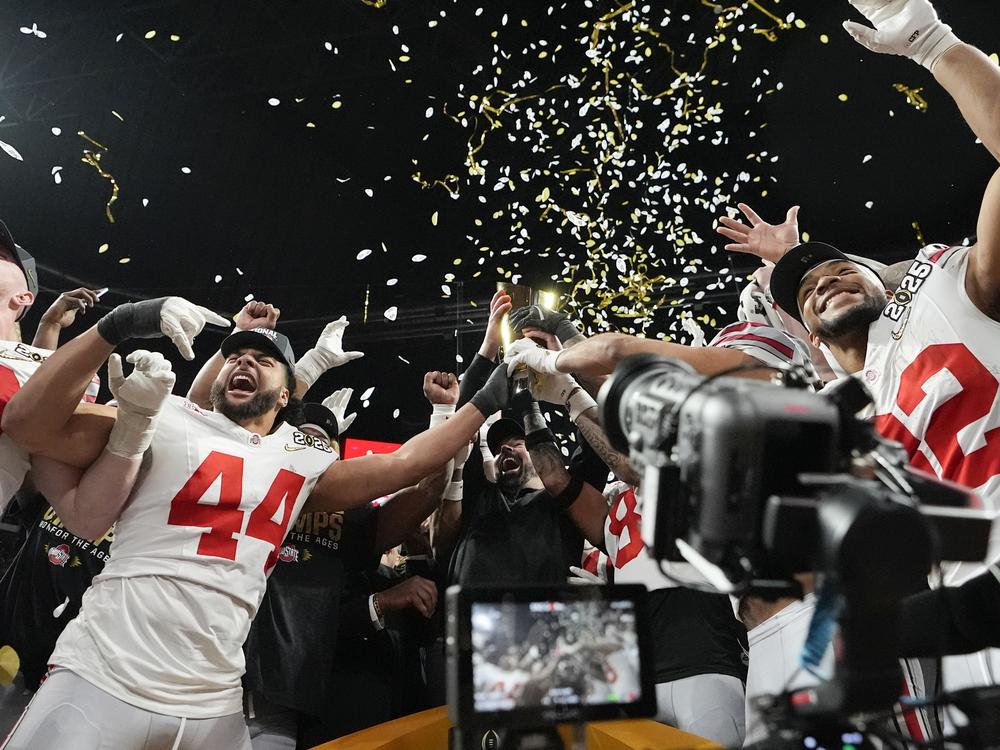 Ohio State celebrates after their win against Notre Dame in the College Football Playoff national championship game on Monday in Atlanta.