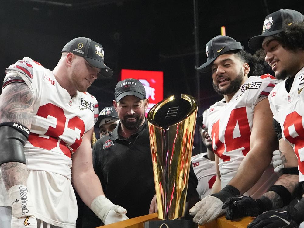 Ohio State celebrates after their win against Notre Dame in the College Football Playoff national championship game on Monday in Atlanta.