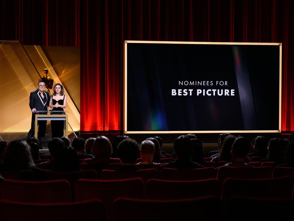 Bowen Yang and Rachel Sennott present the nominees for Best Picture during the 97th Oscars Nominations Announcement at Samuel Goldwyn Theater on Jan. 23, 2025 in Beverly Hills, Calif.