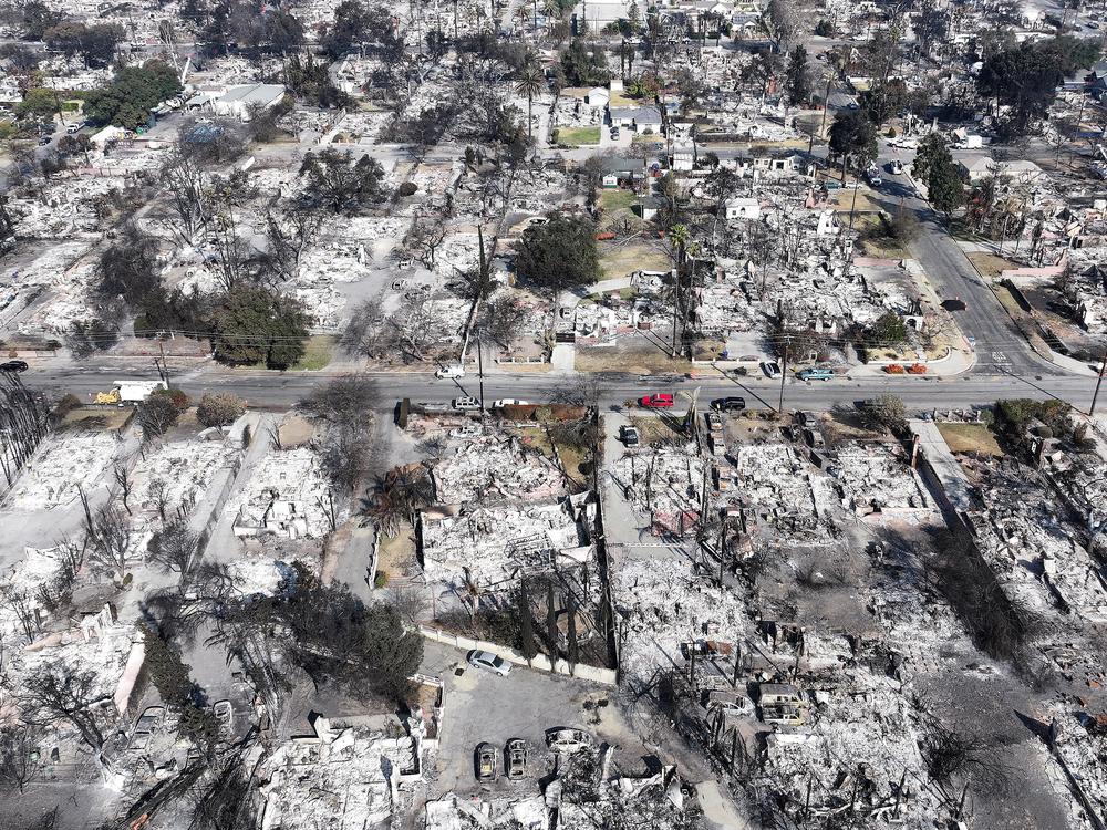 An aerial view of homes which burned in the Eaton Fire on Jan. 19, 2025 in Altadena, California.