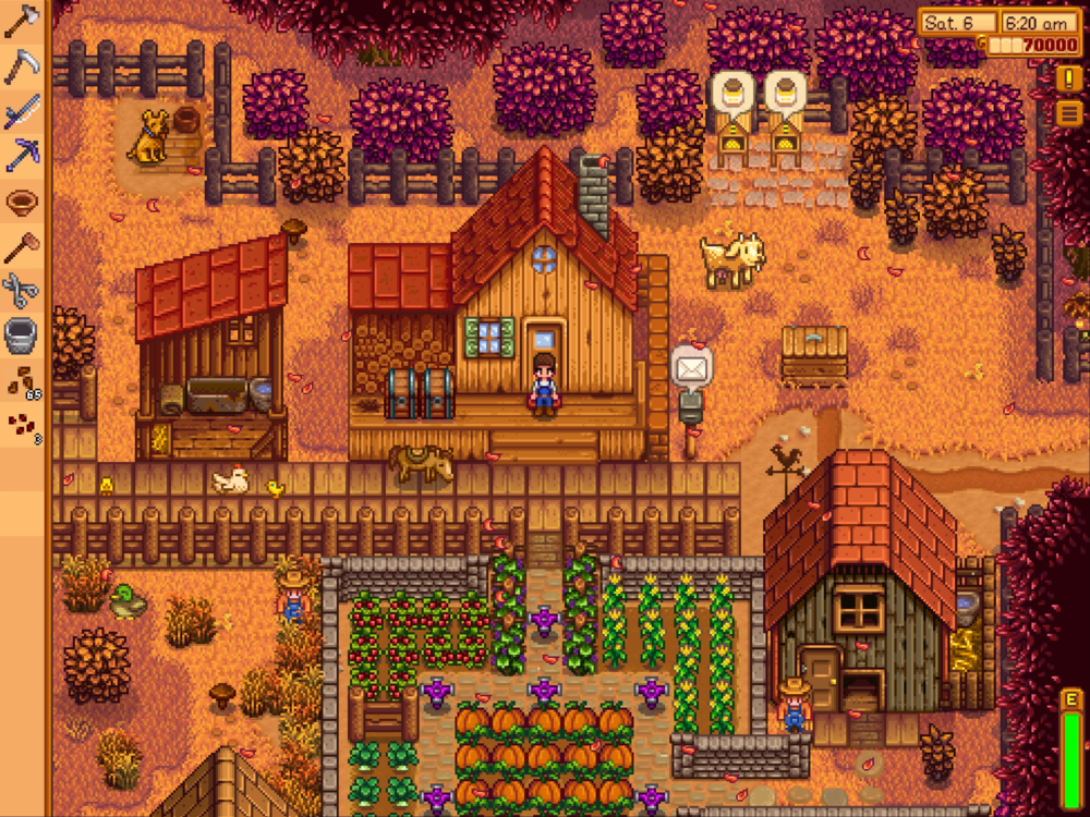 Stardew Valley uses pixel art to depict peaceful scenes of nature.