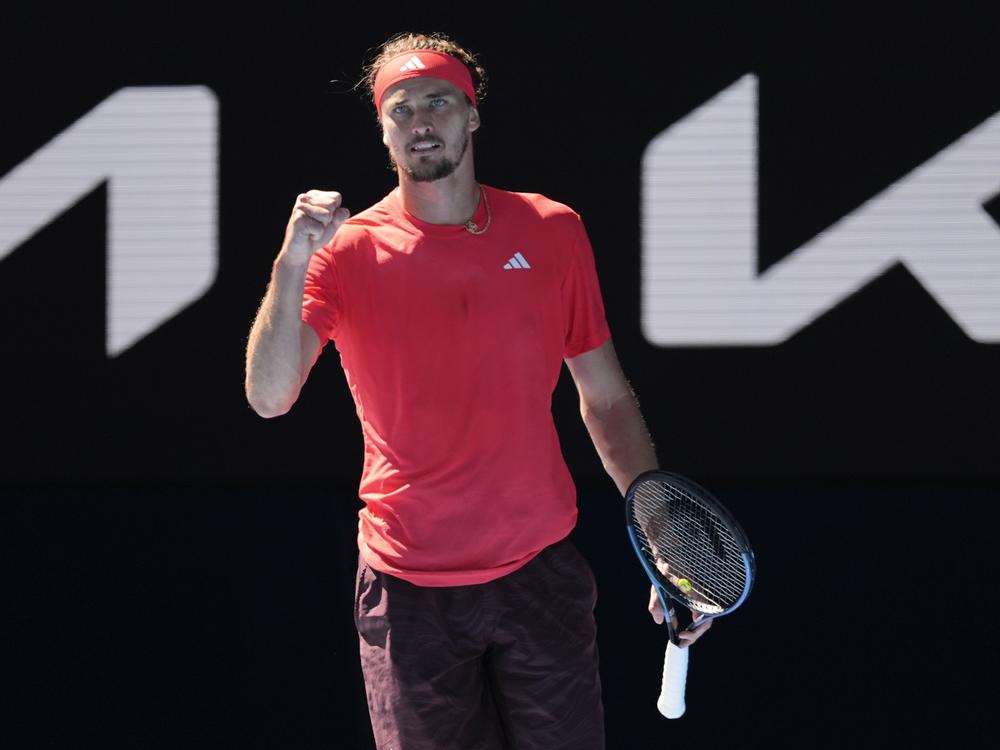 Alexander Zverev of Germany reacts after winning the first set during his semifinal match against Novak Djokovic of Serbia at the Australian Open tennis championship in Melbourne, Australia, on Friday.