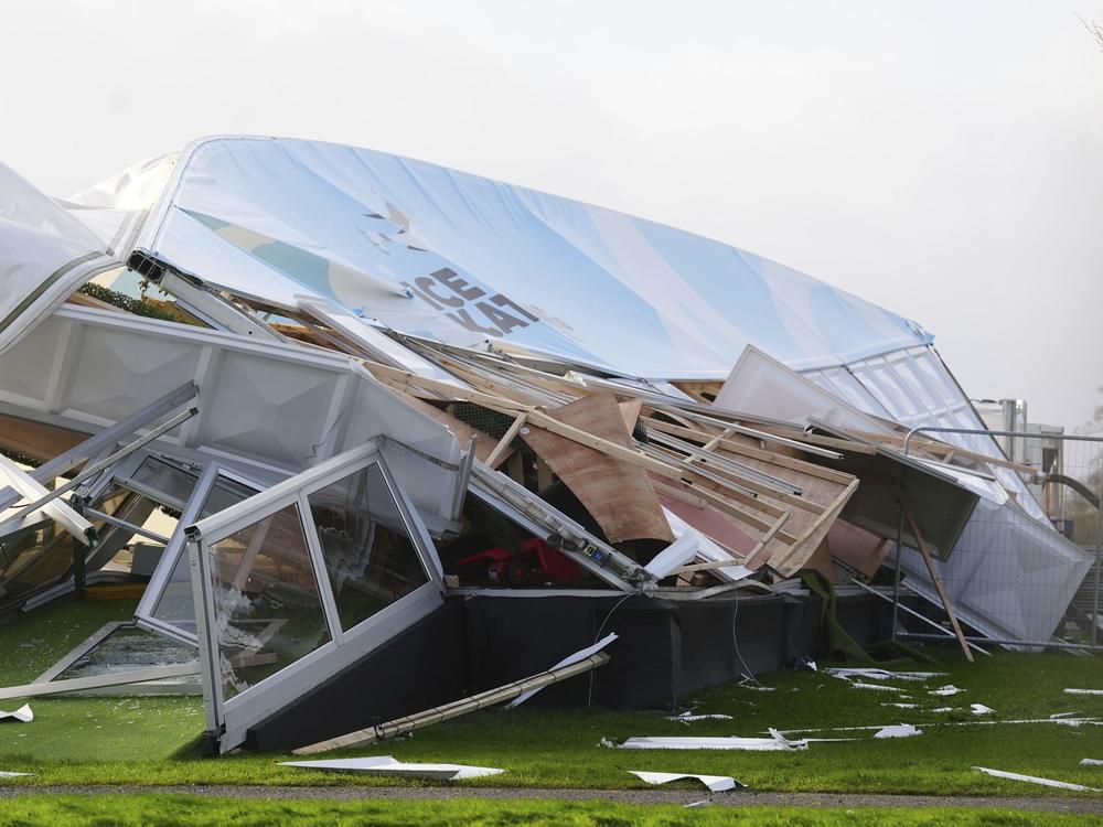 The remains of an ice skating facility destroyed after strong winds tore the structure apart are pictured in Blanchardstown, Ireland, Friday, Jan.24, 2025, as Storm Eowyn hit the island.