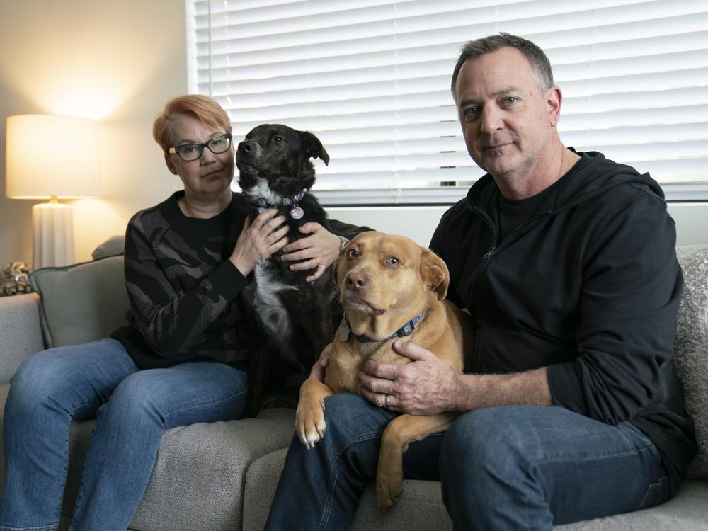 Amanda McIntosh and Christopher Still sit in the home they're renting with their two dogs Luna and Carl. For their two children in particular, 