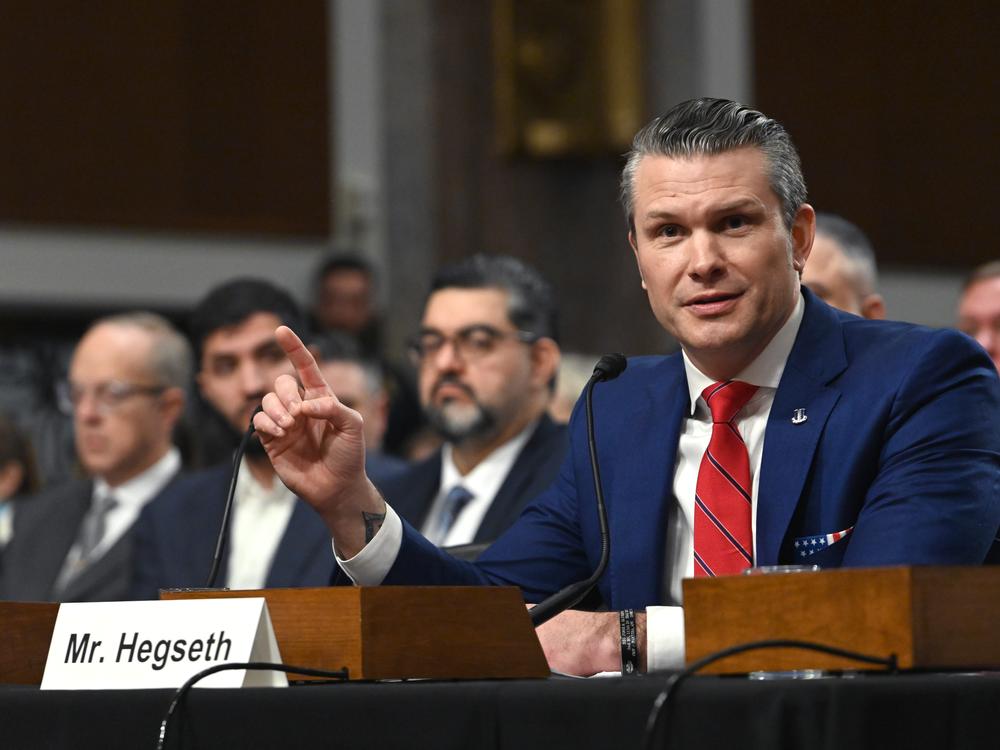 Pete Hegseth, President Trump's nominee for secretary of defense, speaks during a Senate Armed Services confirmation hearing on Jan. 14.