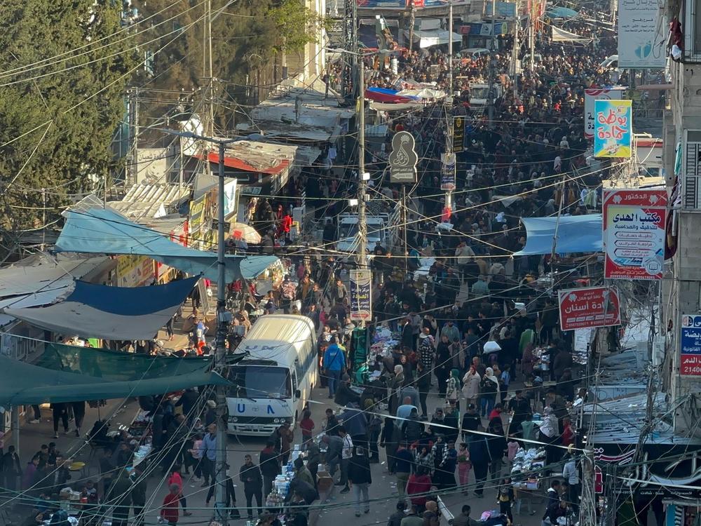 A view of crowds in Rafah on Feb. 6, 2024, when the city was sheltering more than a million displaced Palestinians during the first half of the war, and before residents had to flee again and set up makeshift tents for shelter elsewhere in Gaza.