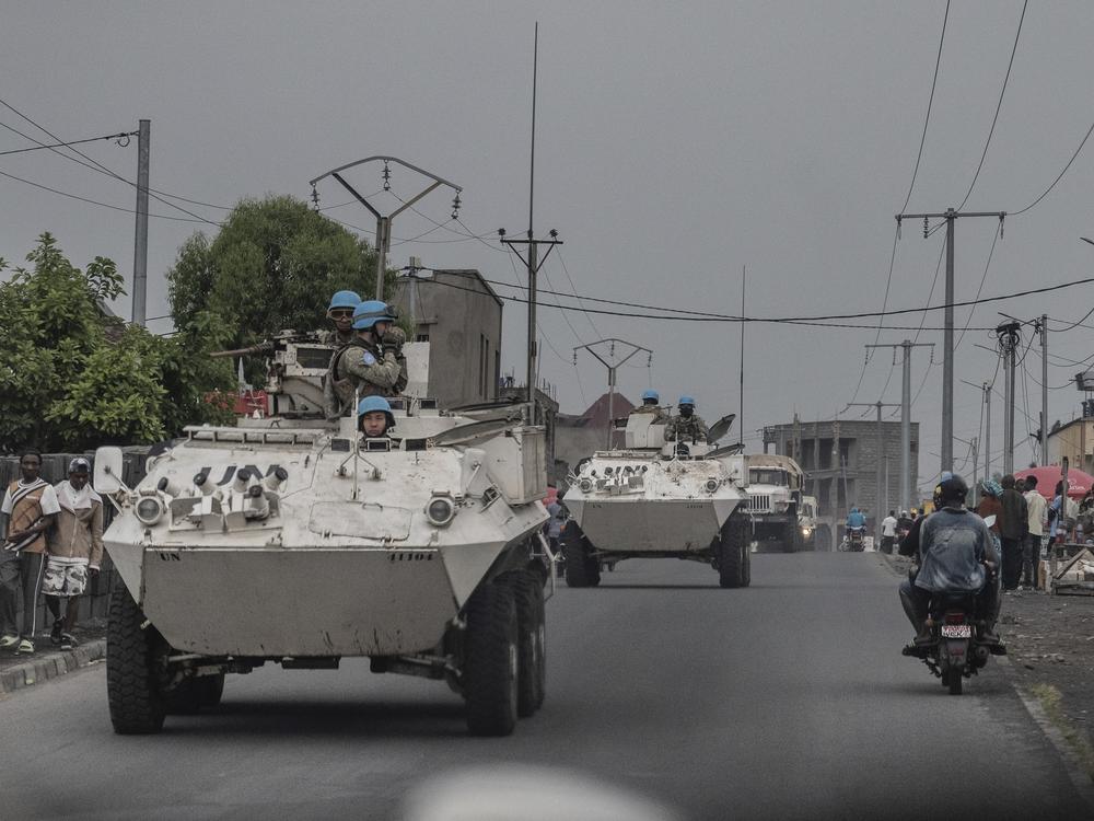UN armoured personnel carriers deploy outside Goma, Democratic Republic of the Congo, Saturday, Jan. 25, 2025.