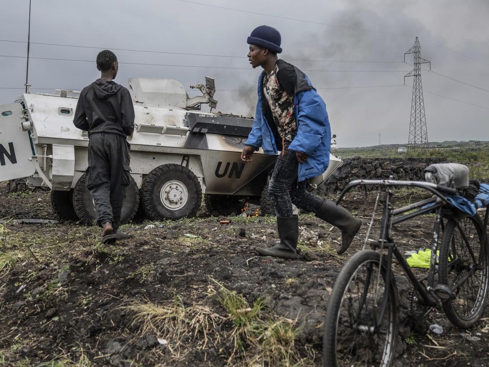 A UN armoured personnel carrier burns, during clashes with M23 rebels outside Goma, Democratic Republic of the Congo, Saturday, Jan. 25, 2025.