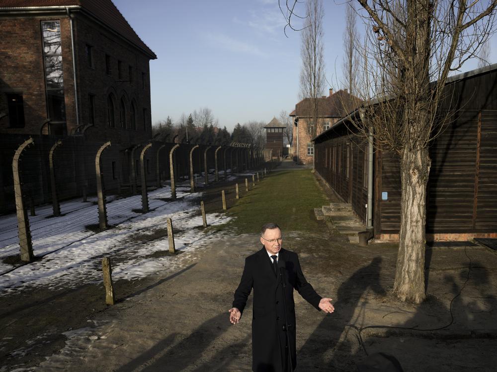 Polish President Andrzej Duda speaks at the Auschwitz-Birkenau former Nazi German death camp, during a ceremony marking the 80th anniversary of the camp's liberation in Oswiecim, Poland, on Monday.
