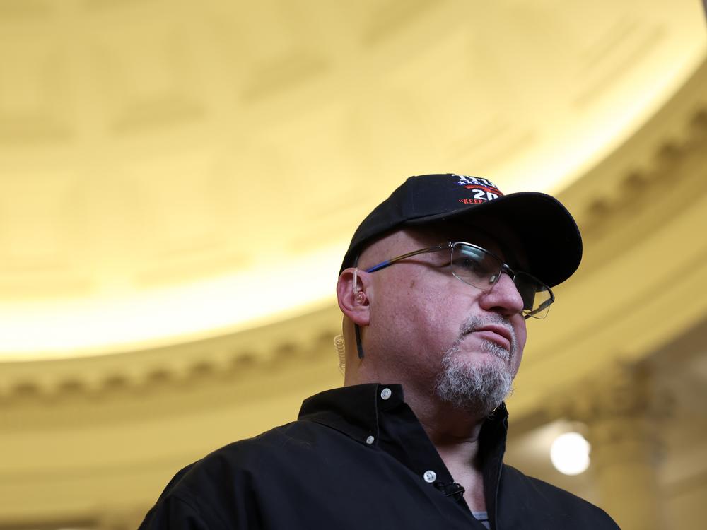 Oath Keepers founder Stewart Rhodes speaks to the press in the Cannon Rotunda on Jan. 22, 2025 in Washington, D.C.