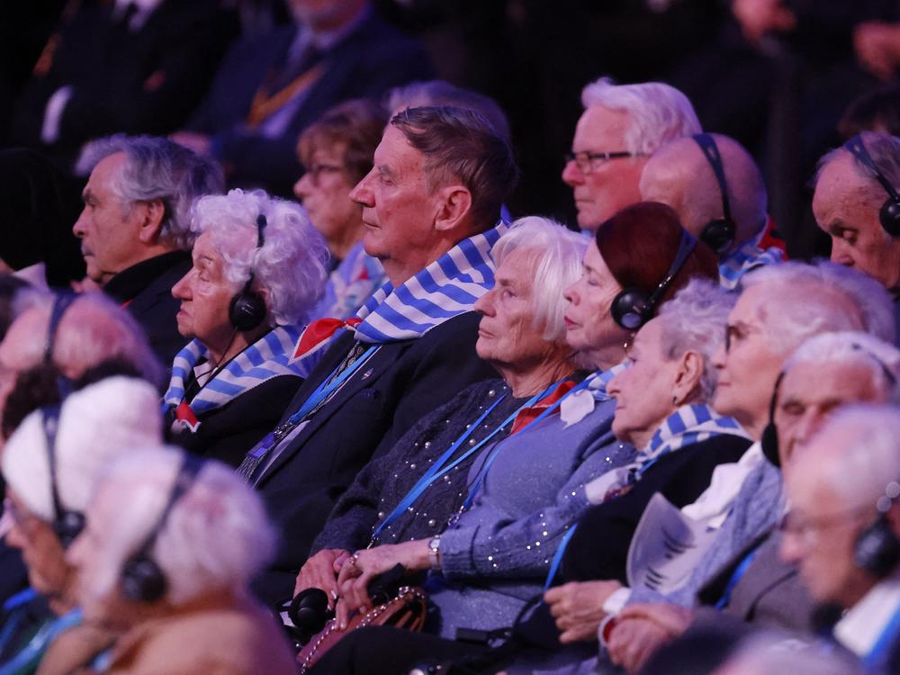 Holocaust survivors attend ceremonies commemorating the 80th anniversary of the liberation of Auschwitz-Birkenau by Soviet forces in Oswiecim, Poland, on Monday.