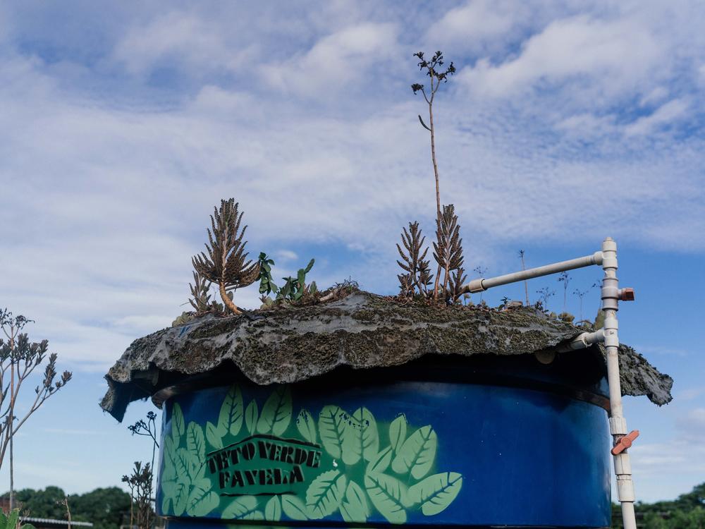 Summer heat has been known to melt water tanks during the summer in Rio, which runs from December to March. Pictured is the water tank at Luis Cassiano's house. He covered the tank with bidim, a lightweight material conducive for plantings that will keep things cool.