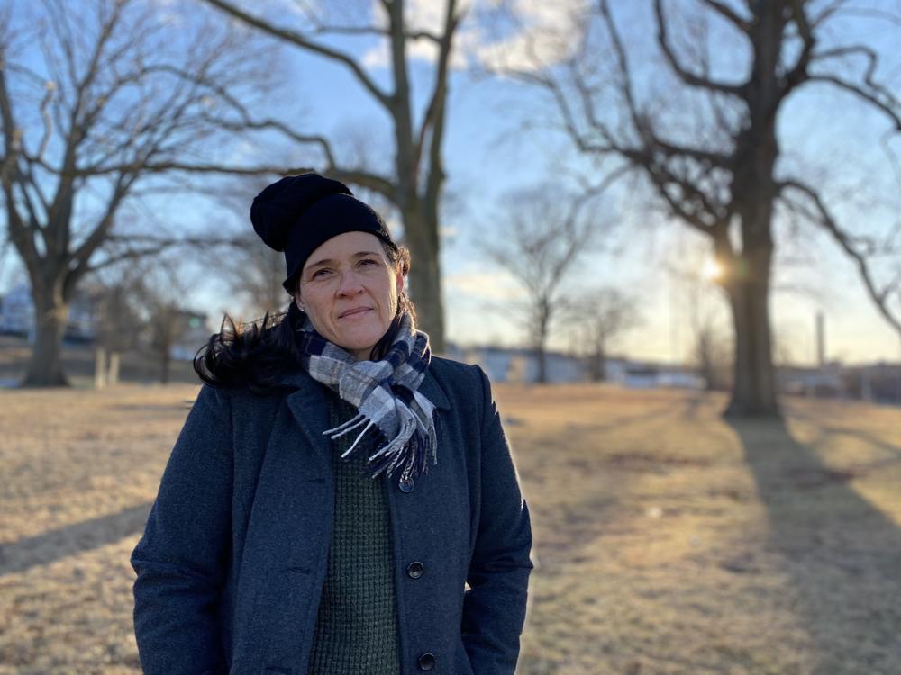 <em>Author Kate Winkler Dawson, at the former site of the Durfee Farm in Fall River, Mass.</em>