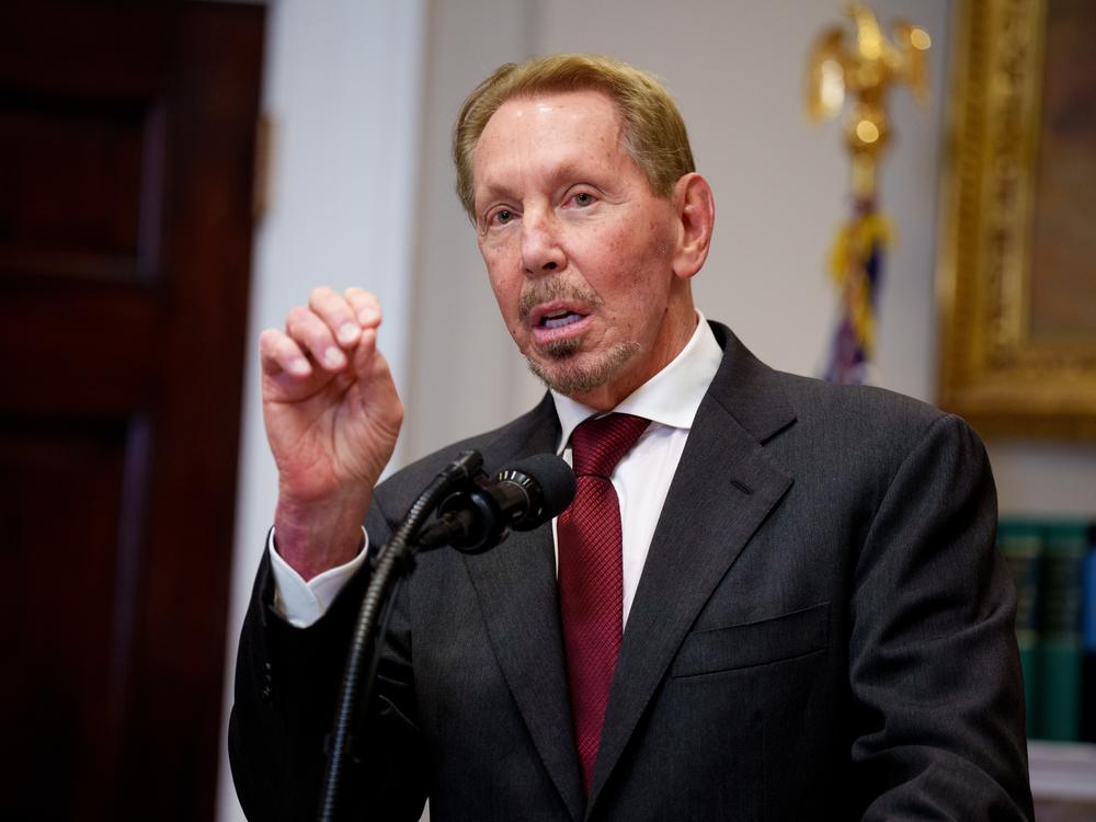 Oracle Chairman and Chief Technology Officer Larry Ellison speaks during a news conference with President Trump in the Roosevelt Room of the White House in Washington, D.C., on Jan. 21, 2025.