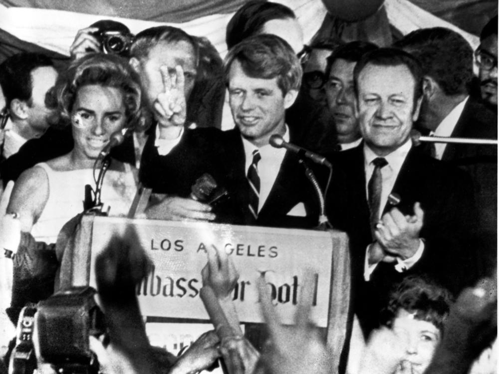 New York Democratic Sen. Robert F. Kennedy speaking to campaign workers, on June 5, 1968, at the Ambassador Hotel in Los Angeles. After making a short speech, Kennedy was fatally shot in an adjacent room.
