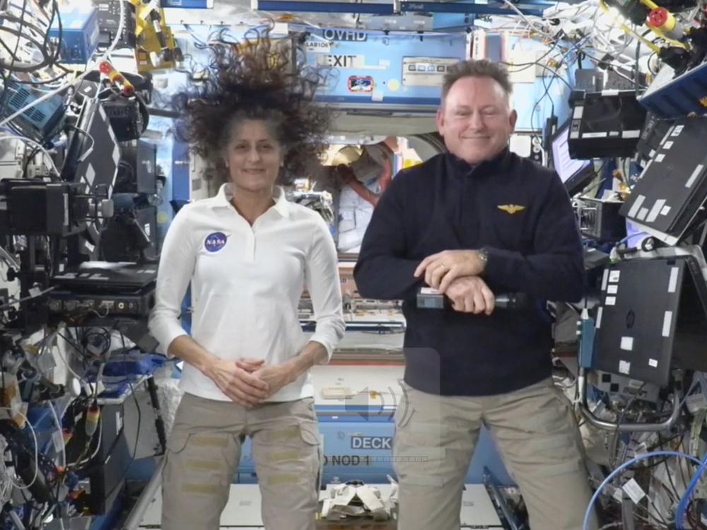 This image made from a NASA live stream shows NASA astronauts Suni Williams and Butch Wilmore during a press conference from the International Space Station on Sept. 13, 2024. On Tuesday, President Trump said he asked Elon Musk and SpaceX to 