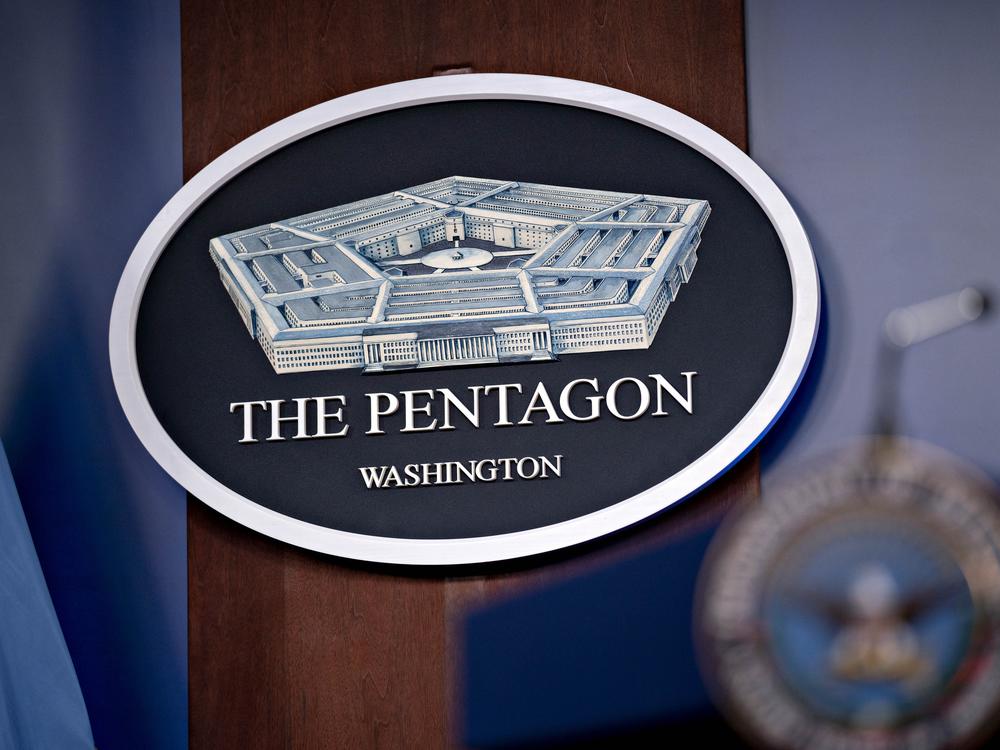The Pentagon seal in the Pentagon Briefing Room in Arlington, Virginia., U.S., on Wednesday, Sept. 1, 2021.