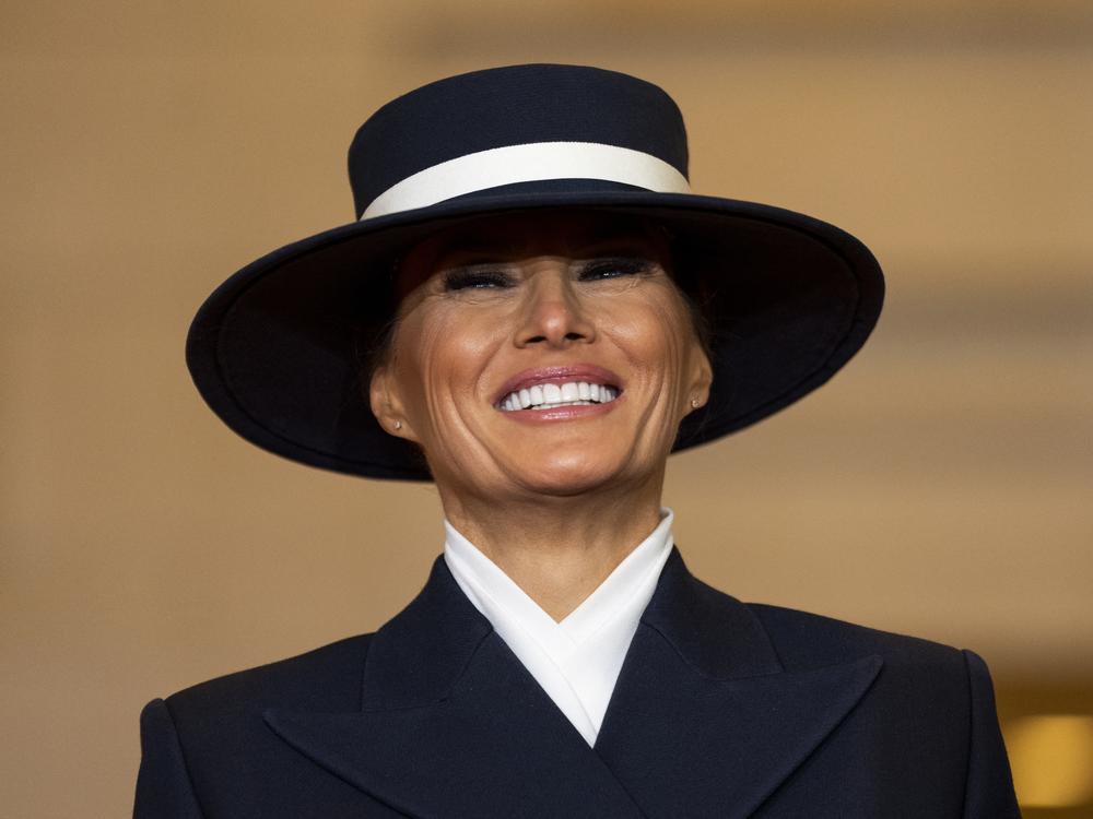 First lady Melania Trump looks on as President Donald Trump delivers remarks in Emancipation Hall during inauguration ceremonies at the U.S. Capitol on Inauguration Day.