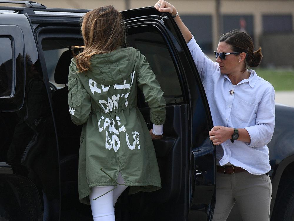 The first lady was seen departing Andrews Air Rorce Base in Maryland on June 21, 2018 wearing a jacket emblazoned with the words 