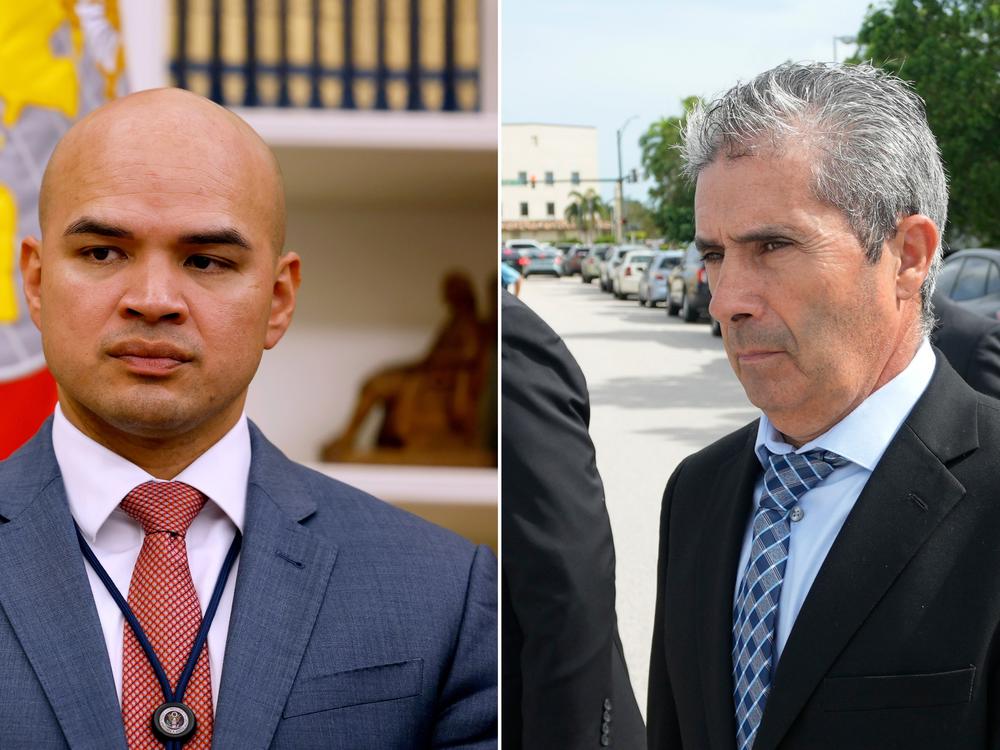 Walt Nauta, an aide to President Trump, listens as Trump signs executive orders in the Oval Office on Jan. 23, in Washington, D.C. Right: Carlos De Oliveira, center, property manager of former Trump's Mar-a-Lago estate, leaves the U.S. Courthouse following his arraignment hearing on Aug. 15, 2023, in Fort Pierce, Fla.