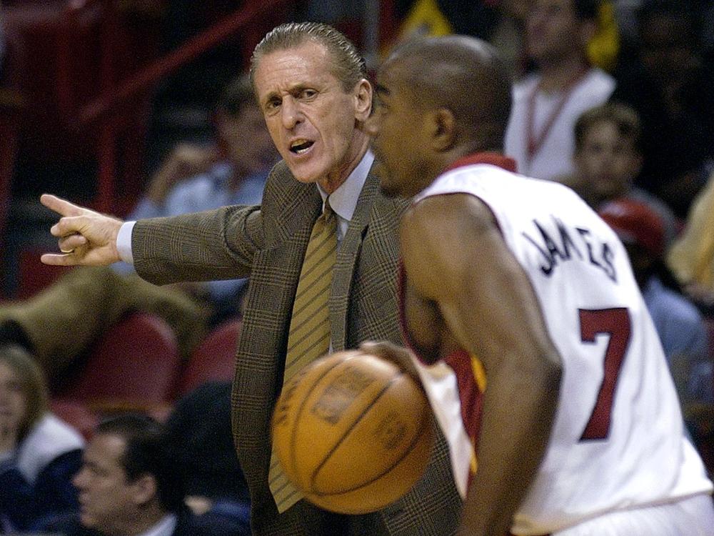 Miami Heat head coach Pat Riley calls a play during a game against the Portland Trail Blazers on Feb. 5, 2003. Riley co-owns multiple trademarks for the phrase 