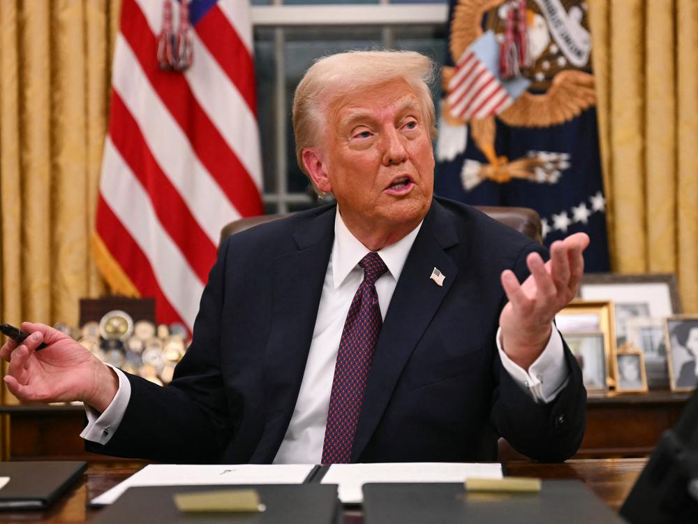 President Trump speaks to journalists as he signs an executive order regarding Department of Government Efficiency (DOGE), in the Oval Office of the White House on Jan. 20.