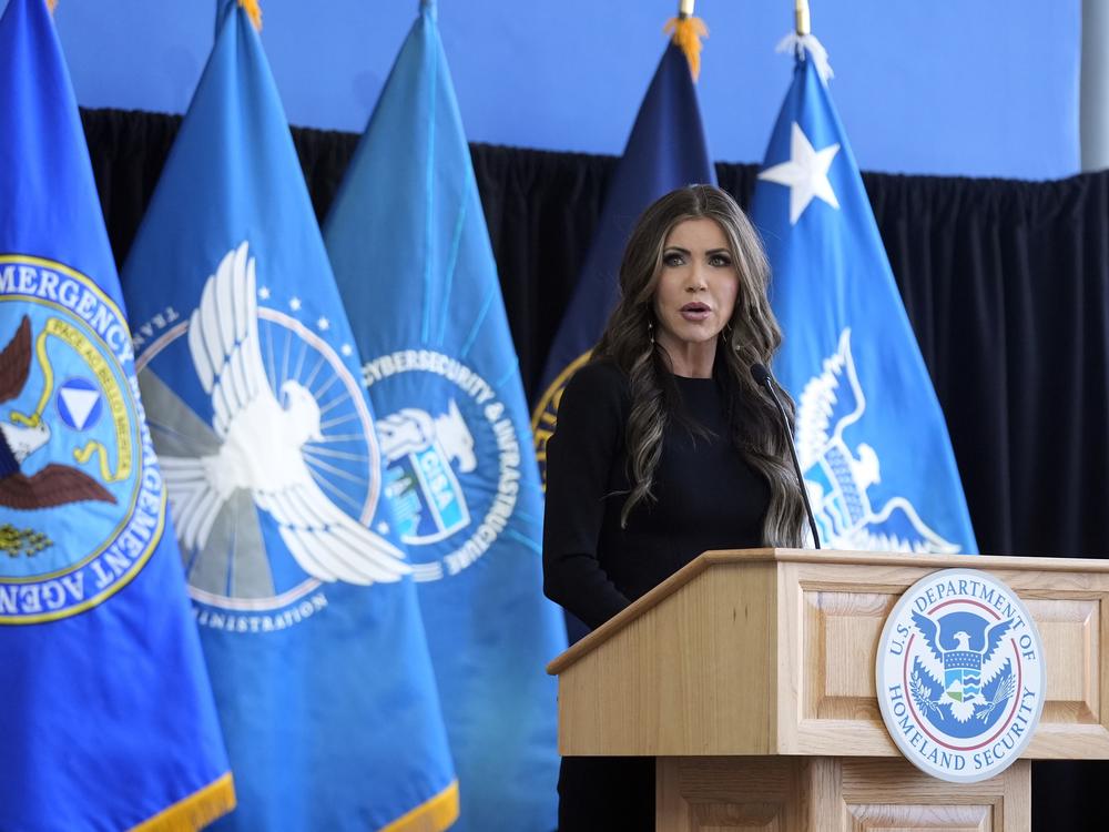 U.S. Homeland Security Secretary Kristi Noem delivers remarks to staff at the Department of Homeland Security headquarters on Jan. 28, in Washington, DC.