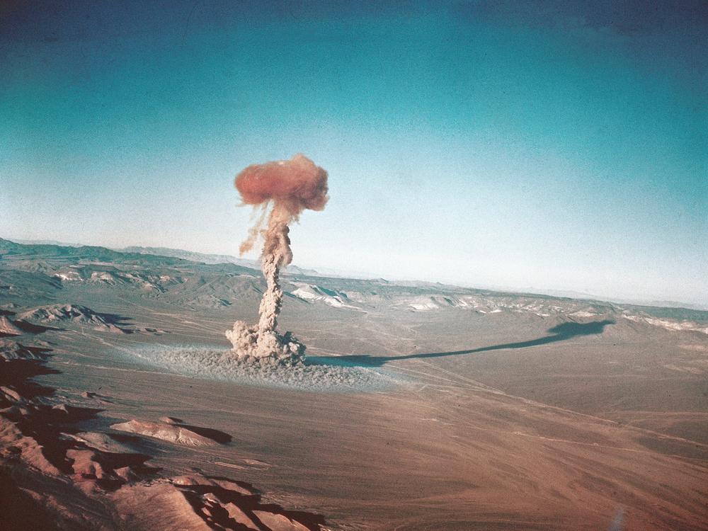 An atomic test that took place on March 23, 1955, at the Nevada Test Site. In the 1950s, nuclear weapons were regularly detonated aboveground to see what the effects would be on people and buildings