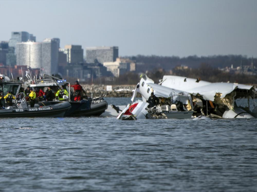 In this image provided by the U.S. Coast Guard, wreckage is seen in the Potomac River near Ronald Reagan Washington National Airport, Thursday, Jan. 30, 2025 in Washington.