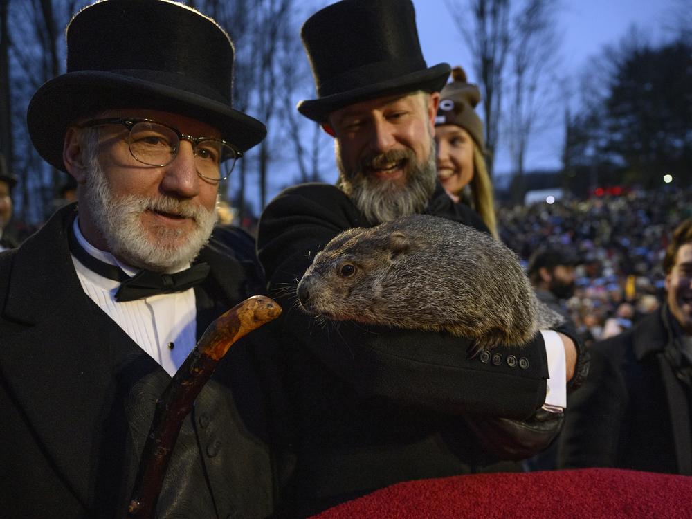 Punxsutawney Phil makes his annual winter forecast to Groundhog Club Inner Circle President Tom Dunkel, left, who looks on as the groundhog is held by A.J. Dereume on Feb. 2, 2024. The Inner Circle's members have 