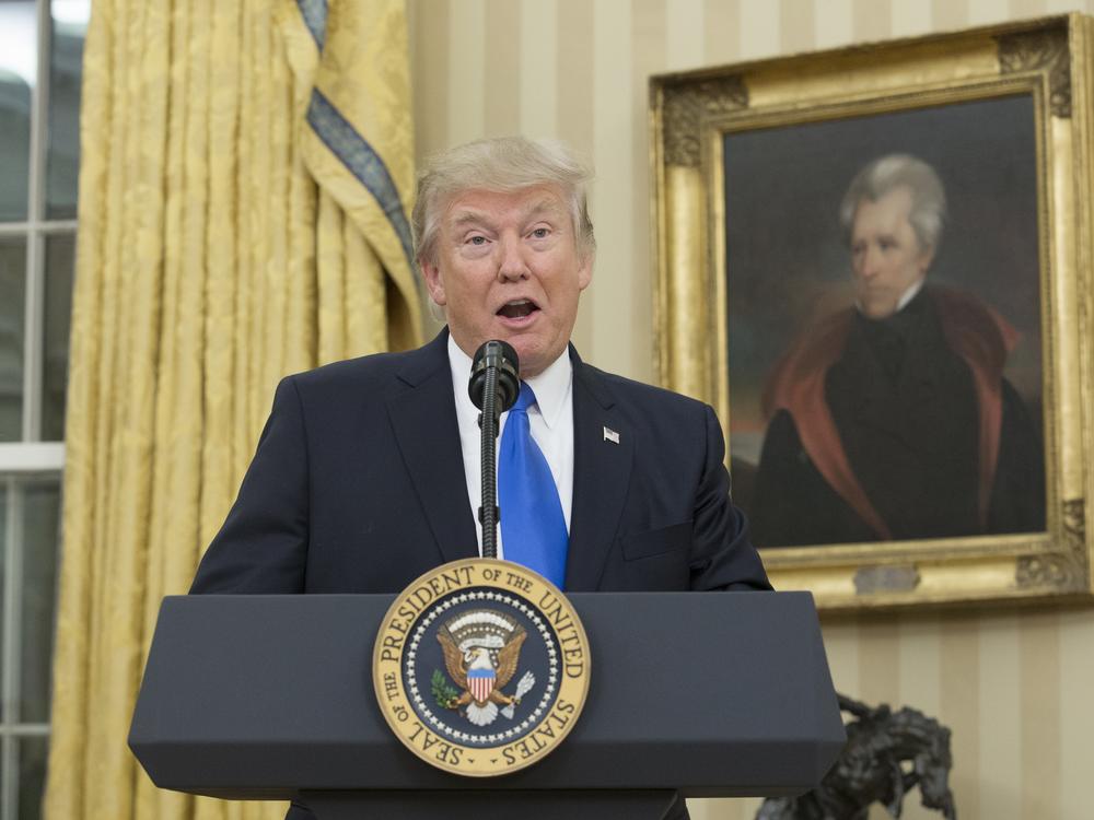 President Donald Trump, beneath a portrait of populist President Andrew Jackson, speaks at the White House on Feb. 1, 2017.