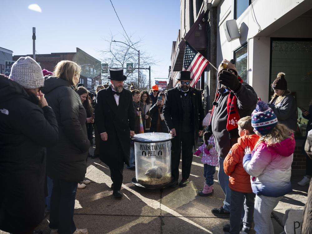 Punxsutawney Phil tours the town as visitors stop to catch a glimpse of him on Saturday.