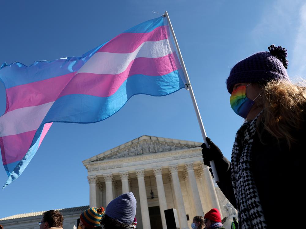 A transgender rights supporter takes part in a rally outside of the U.S. Supreme Court as the high court hears arguments in a case on transgender health rights on Dec. 4, 2024.