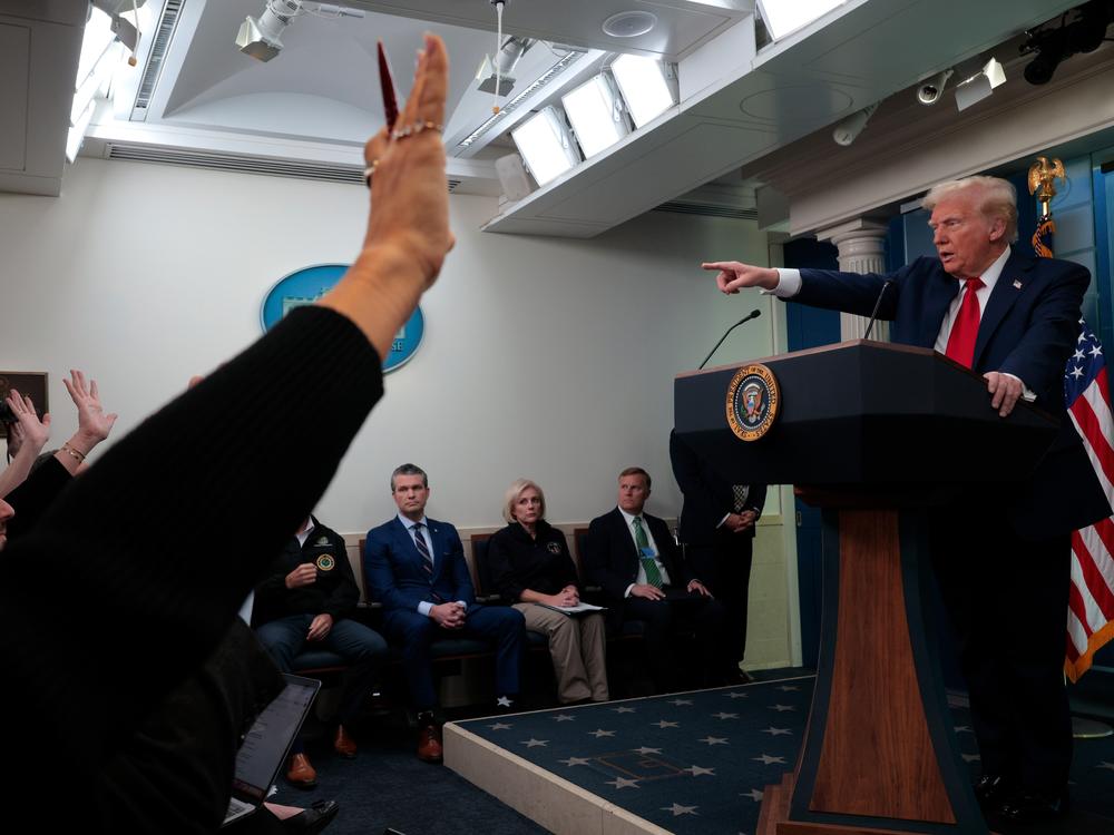 President Trump takes questions from reporters at the White House on Thursday about the collision of an American Airlines flight with a military Black Hawk helicopter near Ronald Reagan Washington National Airport.