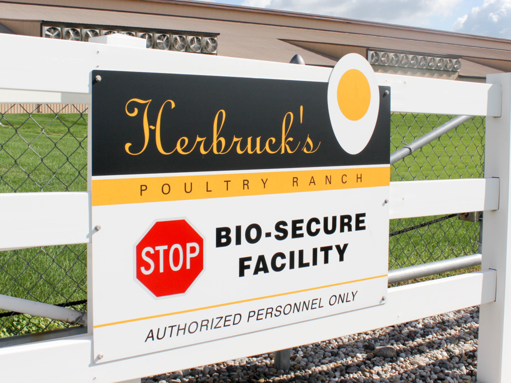 A sign outside Herbruck's Poultry Ranch in Saranac, Michigan, one of the largest egg producers in the US. Since the last bird flu outbreak in 2015, farms have invested millions of dollars into biosecurity.